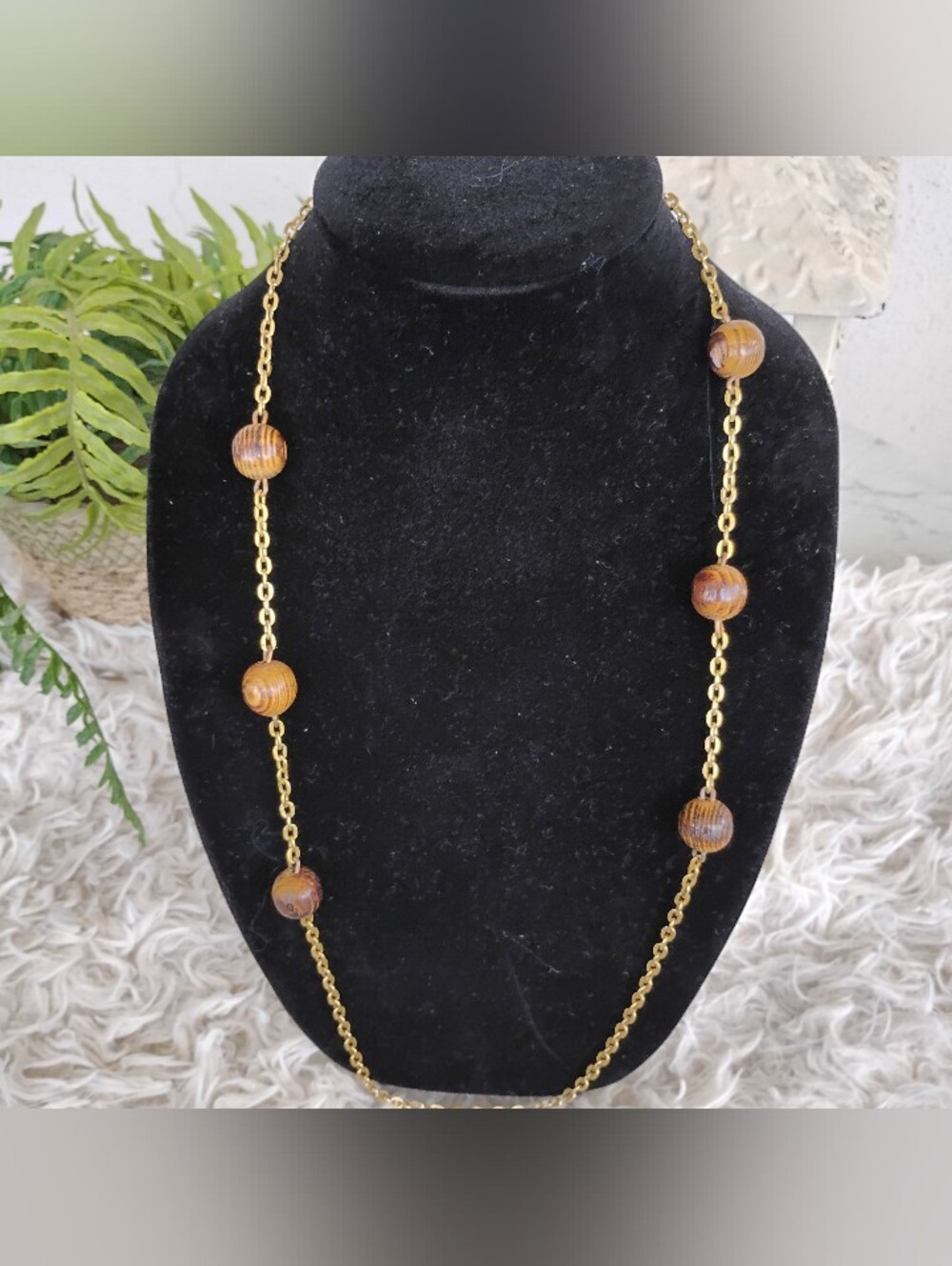 Gold Chain Necklace with Brown Bead Accents - Women Jewelry